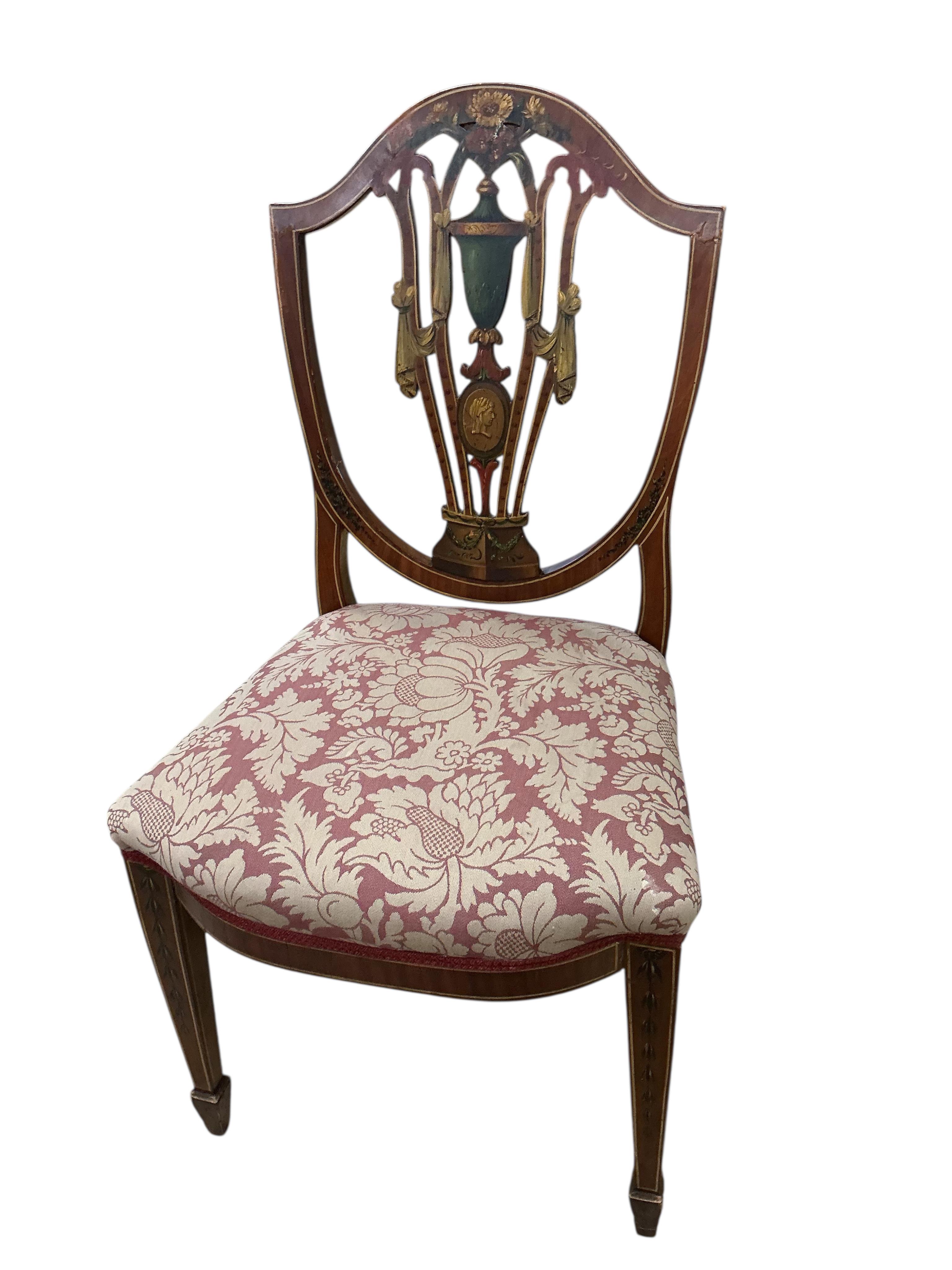 A set of four Edwardian, Sheraton Revival painted mahogany dining chairs, width 48cm, depth 40cm, height 90cm